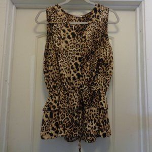PLEIONE SLEEVELESS TUNIC DRAWSTRING WAIST CHEETAH BLOUSE M